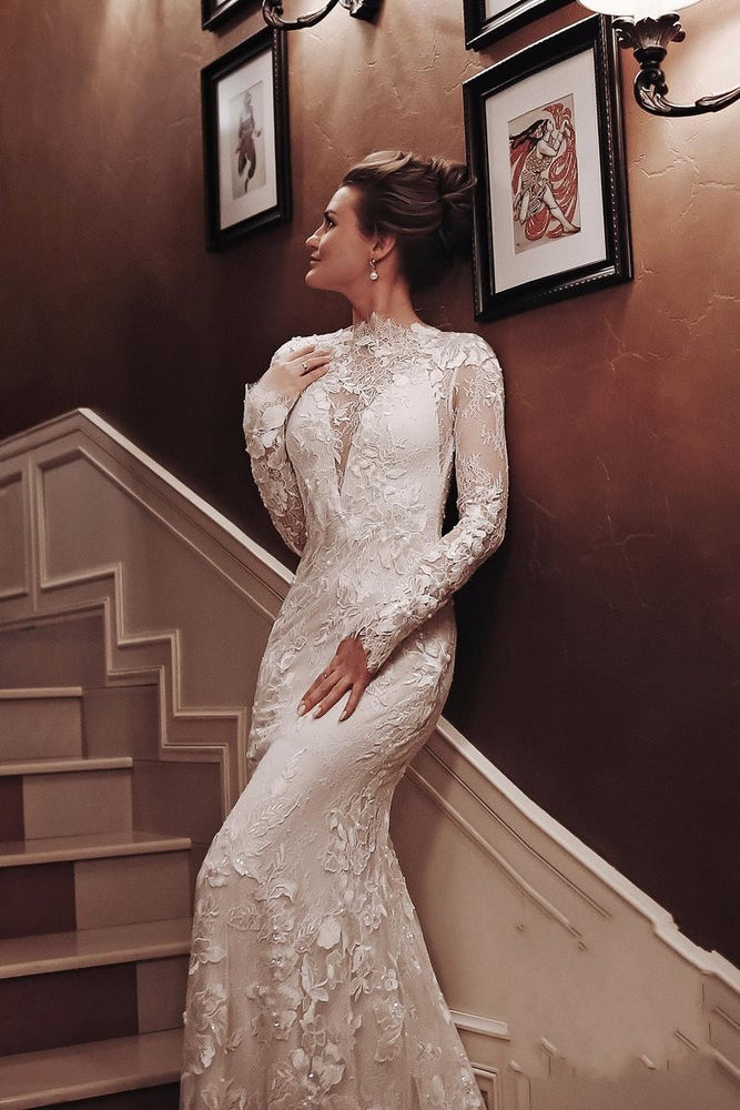 
                      
                        Unique Long Sleeve High Neck Backless Mermaid Wedding Dress with Lace Appliques
                      
                    