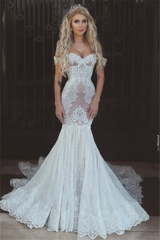 Off-the-Shoulder Sweetheart Mermaid Lace Wedding Dress with Lace-Up Back