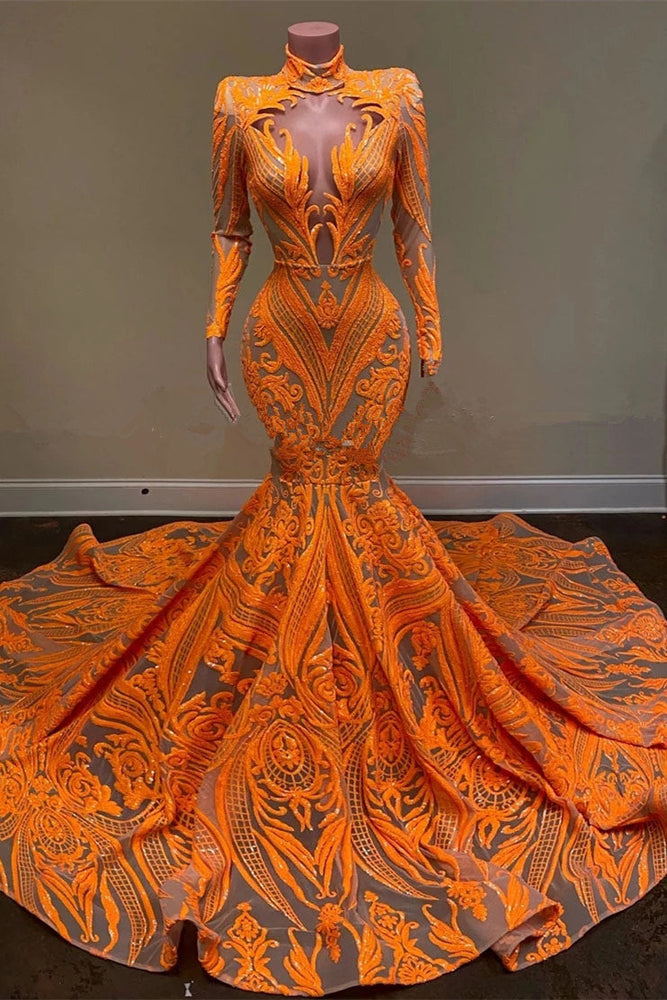 Orange Long Sleeves Mermaid Prom Dress with Sequins Lace