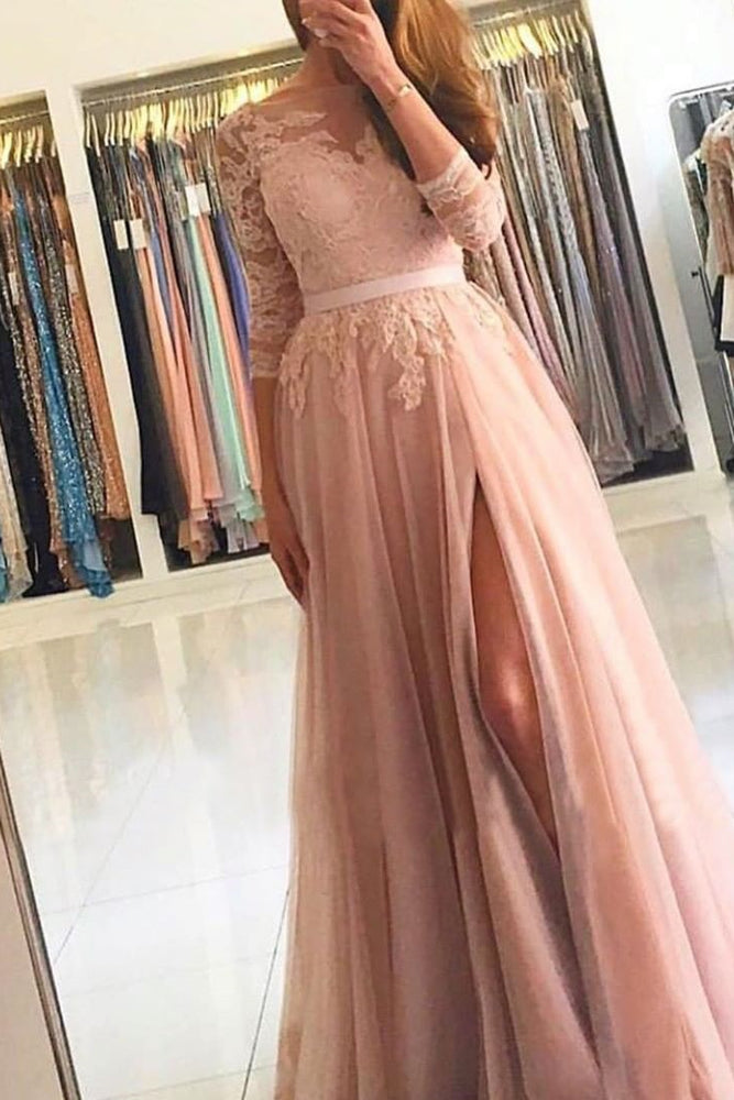 
                      
                        Long Sleeve A-Line Prom Dress with Lace and Split
                      
                    