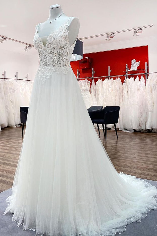 
                      
                        V-Neck Sleeveless Long A-Line Tulle Wedding Dress with Lace Ruffles
                      
                    