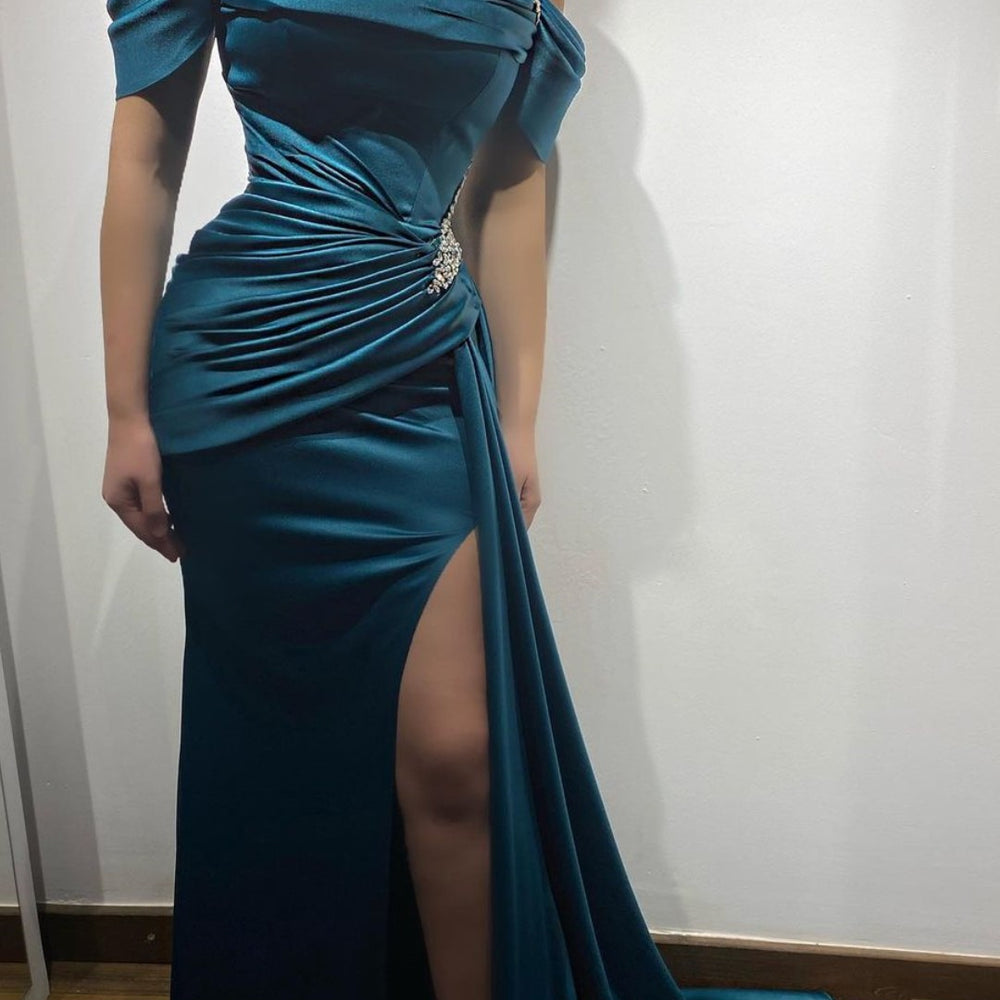 Ink Blue Prom Dress Spaghetti Strap Charmeuse Sleeveless High Slit