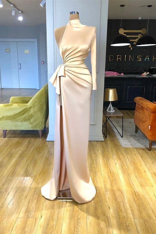 Champagne High Neck Long Sleeve Mermaid Prom Dress with Split