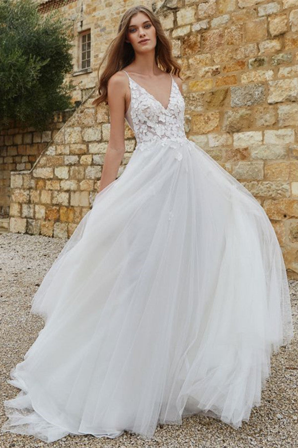 Spaghetti Strap A-Line Tulle Wedding Dress with Lace