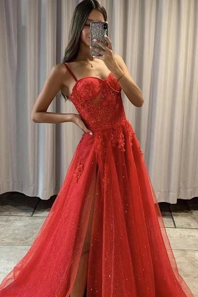 
                      
                        Red Spaghetti-Strap Sweetheart Sequined Prom Dress with Slit and Tulle
                      
                    