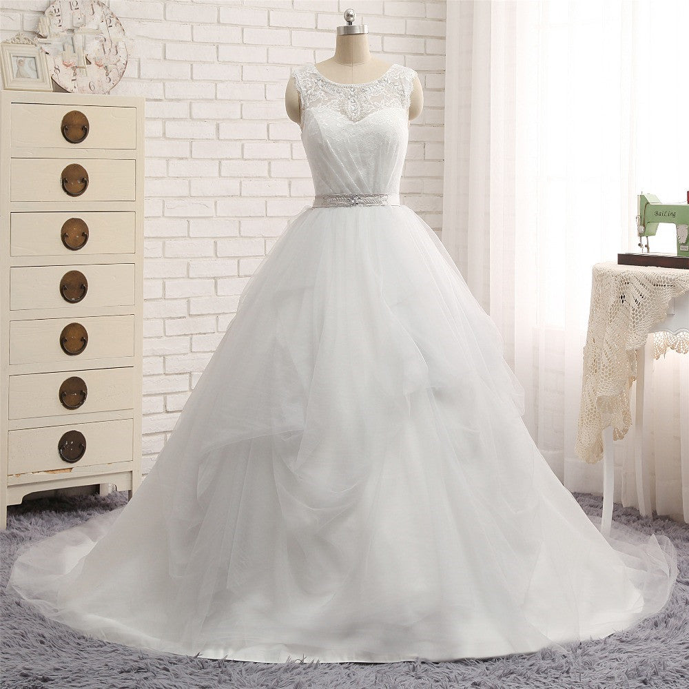 
                      
                        Princess Jewel Neck Long Wedding Dress with Tulle Lace
                      
                    