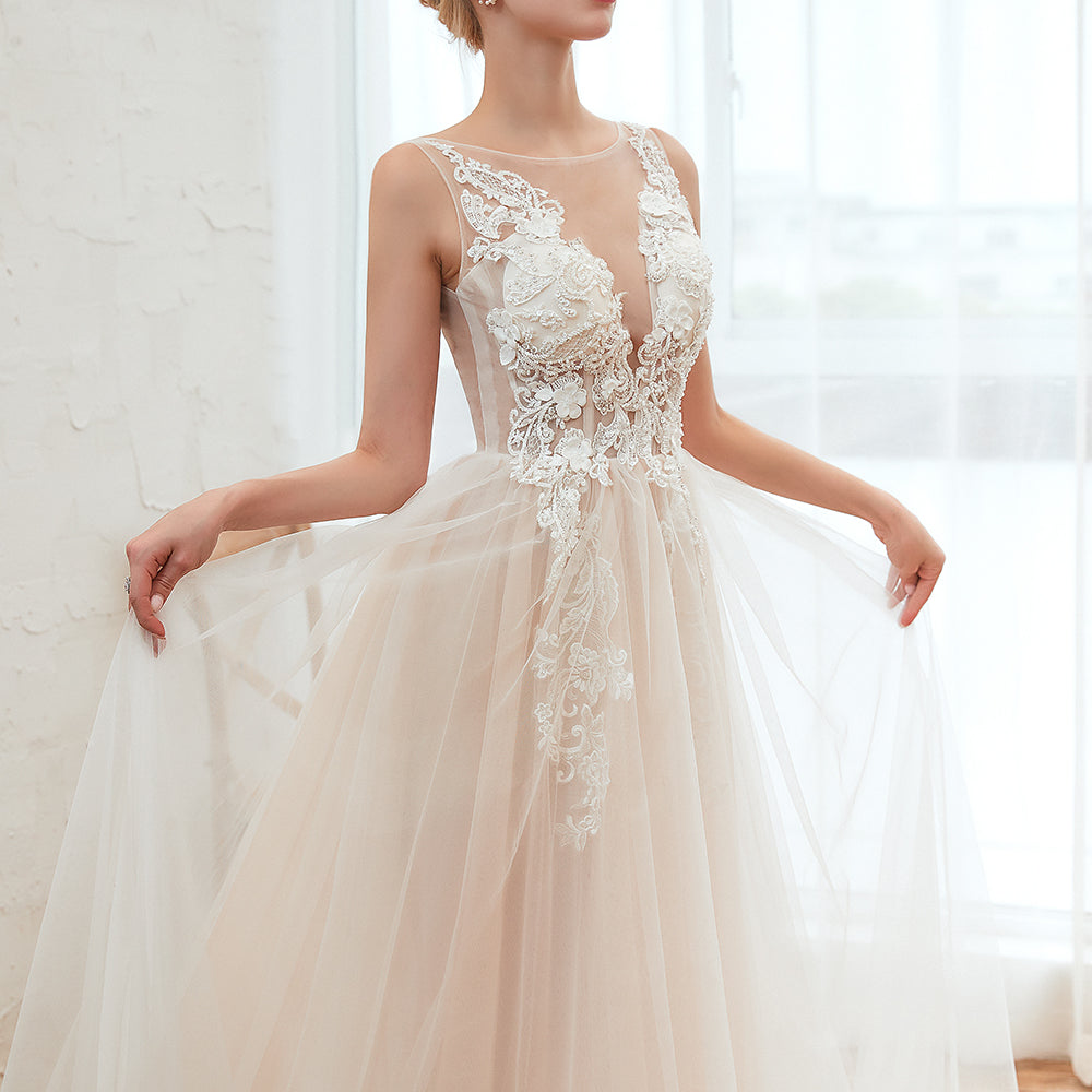 
                      
                        Delicate A-Line Bateau Tulle Open Back Wedding Dress with Floral Lace
                      
                    