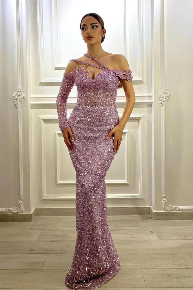 Lavender Gorgeous Long Sleeve Sequined Mermaid Prom Dress