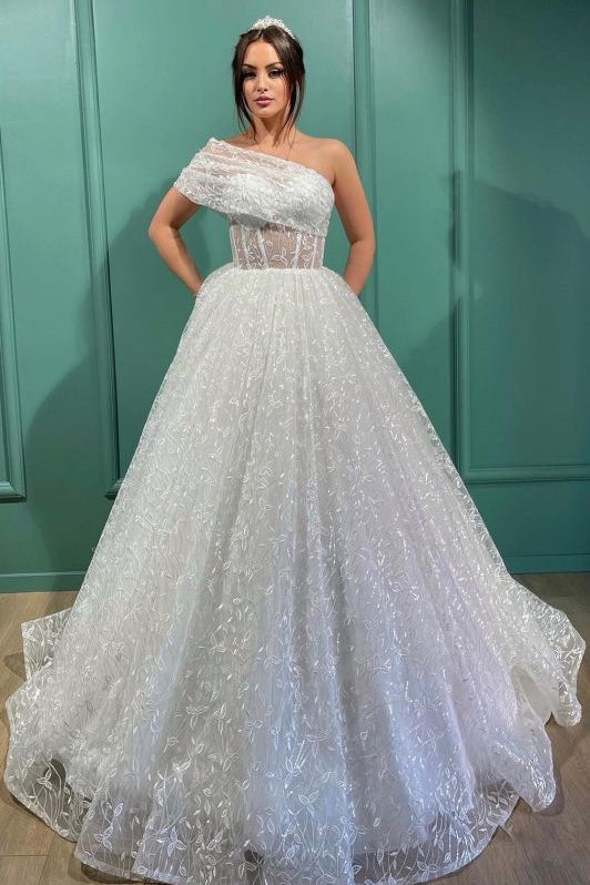 One-Shoulder Embroidered A-Line Lace Long Wedding Dress