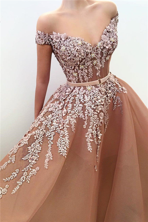 
                      
                        Elegant Off-the-Shoulder Appliqued V-Neck Mermaid Prom Dress with Belt
                      
                    