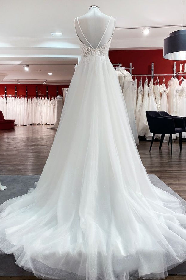 
                      
                        V-Neck Sleeveless Long A-Line Wedding Dress with Sequins, Ruffles, and Open Back Tulle
                      
                    