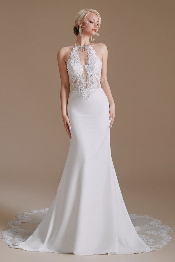 Modest Long Mermaid Halter Backless Satin Wedding Dress with Lace Appliques