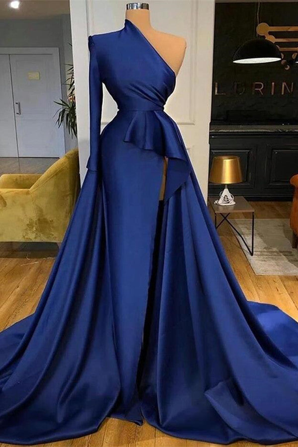 Dark Blue Long Sleeve Mermaid Prom Dress with Split