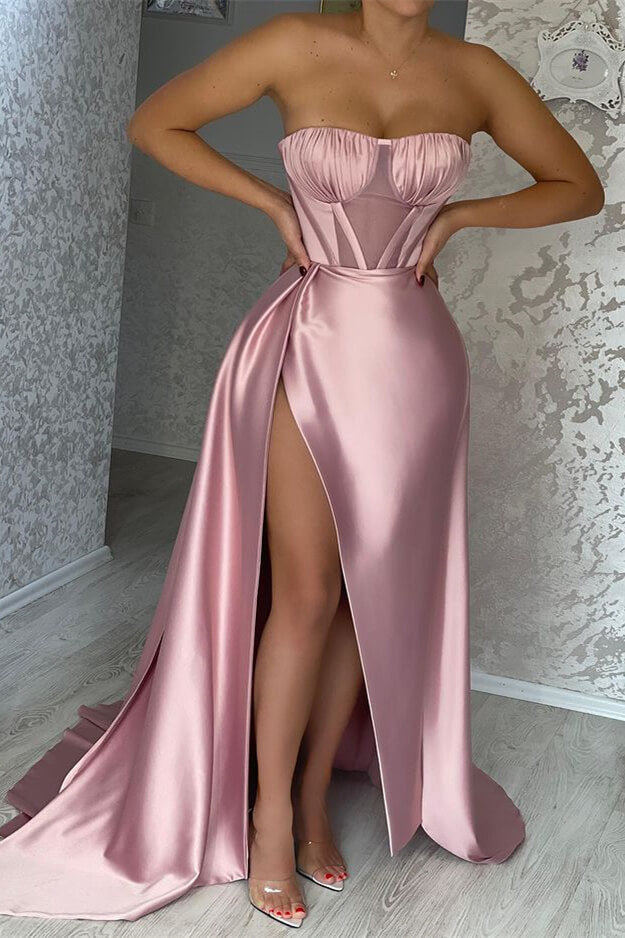 Stunning Pink Strapless Mermaid Prom Dress with Pleats, Ruffles, and Slit