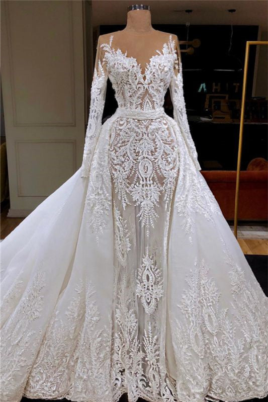 Glamorous Long Sleeve Mermaid Lace Wedding Dress with Detachable Skirt