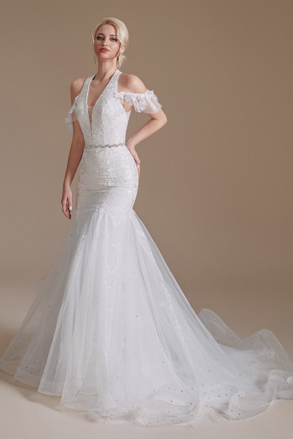 
                      
                        Elegant Long Mermaid Halter Tulle Floor-Length Wedding Dress with Lace Appliques
                      
                    