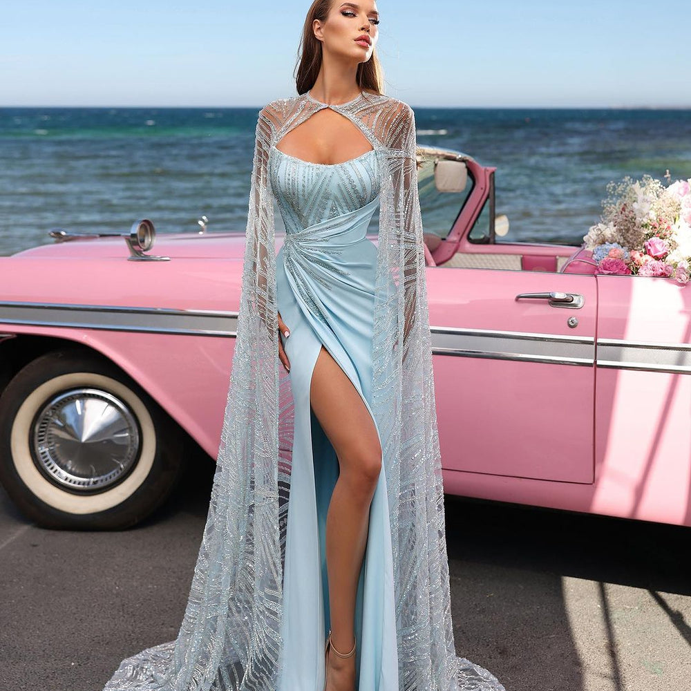 
                      
                        Baby Blue Charmeuse Sleeveless Strapless Prom Dress With High Slit
                      
                    