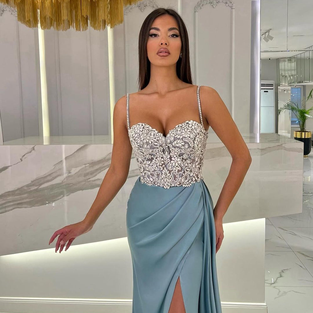 
                      
                        Baby Blue Prom Dress with High Slit Spaghetti Straps Sweetheart Neckline and Appliques
                      
                    