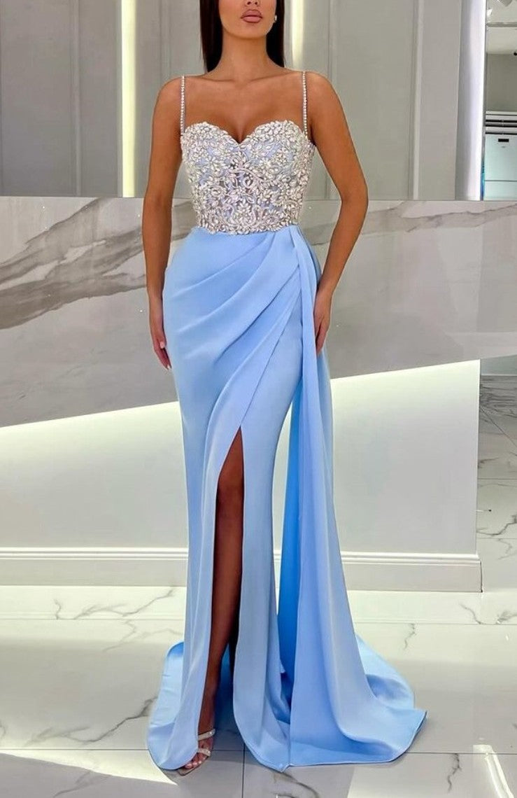 Baby Blue Prom Dress with High Slit Spaghetti Straps Sweetheart Neckline and Appliques