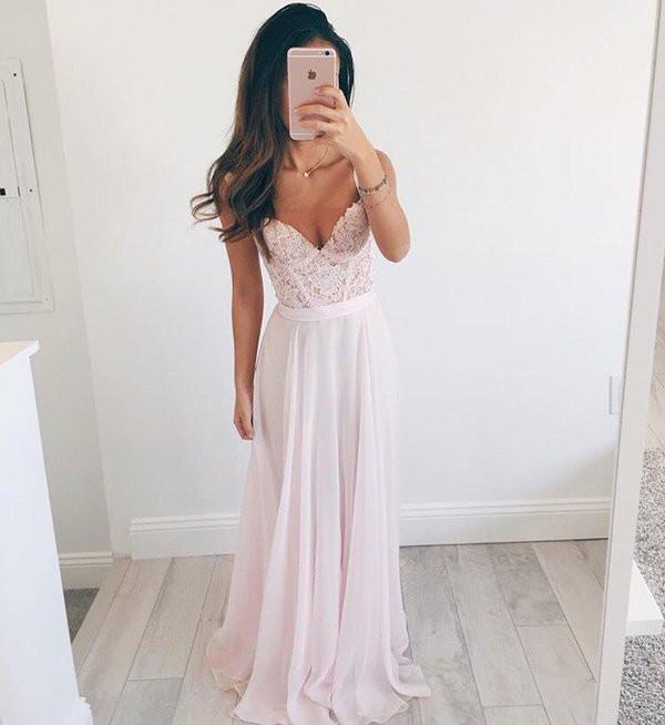 
                      
                        Baby Pink Chiffon Long Prom Dress With Lace Appliques
                      
                    