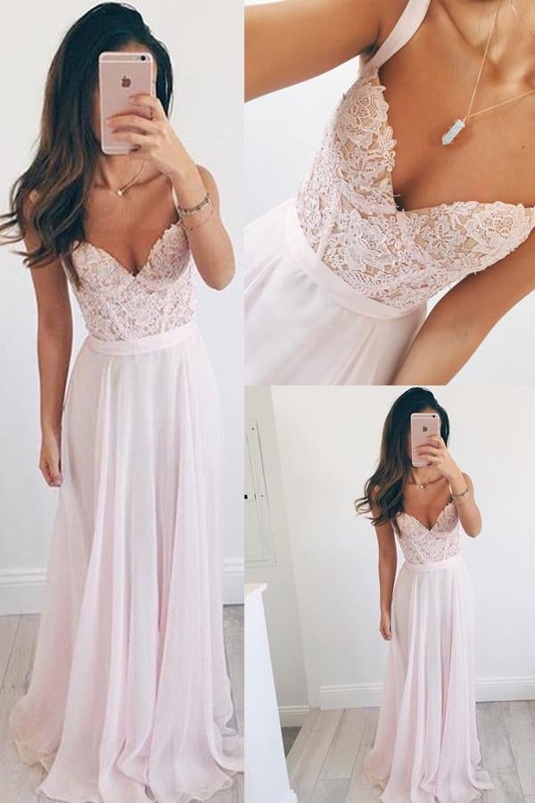 Baby Pink Chiffon Long Prom Dress With Lace Appliques