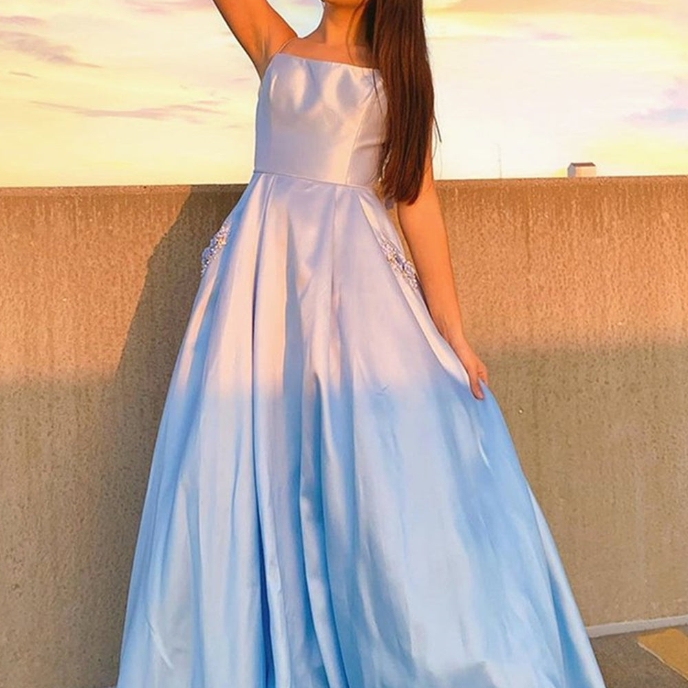 
                      
                        Backless Light Blue Long Prom Dresses with Pocket, Long Light Blue Formal Evening Dresses
                      
                    