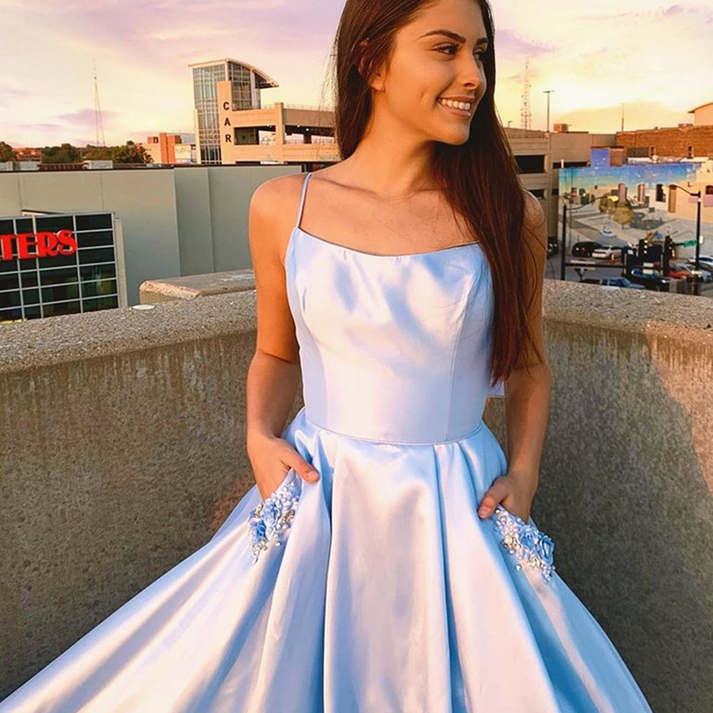 Backless Light Blue Long Prom Dresses with Pocket, Long Light Blue Formal Evening Dresses