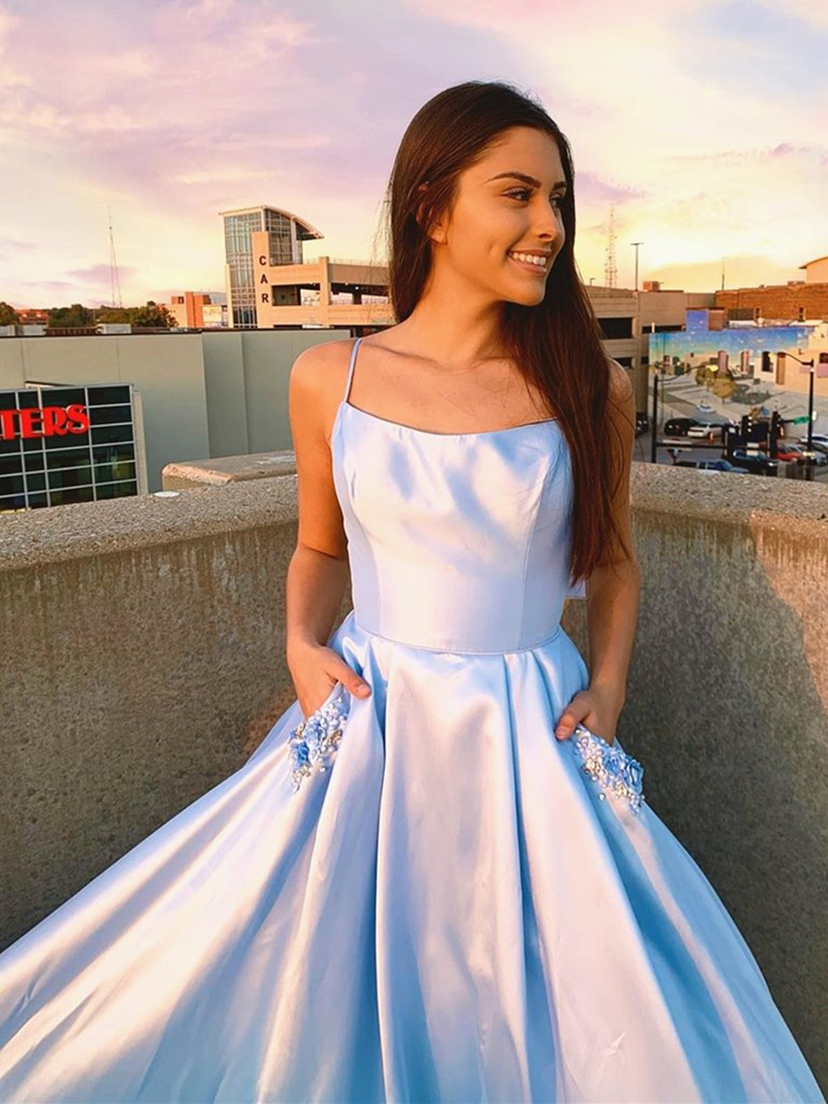 Backless Light Blue Long Prom Dresses with Pocket, Long Light Blue Formal Evening Dresses