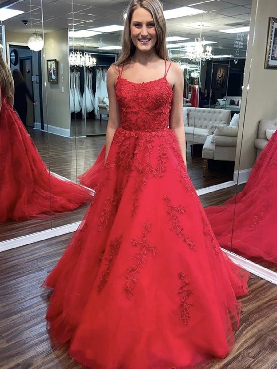 Backless Red Lace Long Prom Dresses, Red Lace Formal Dresses, Red Evening Dresses, Ball Gown