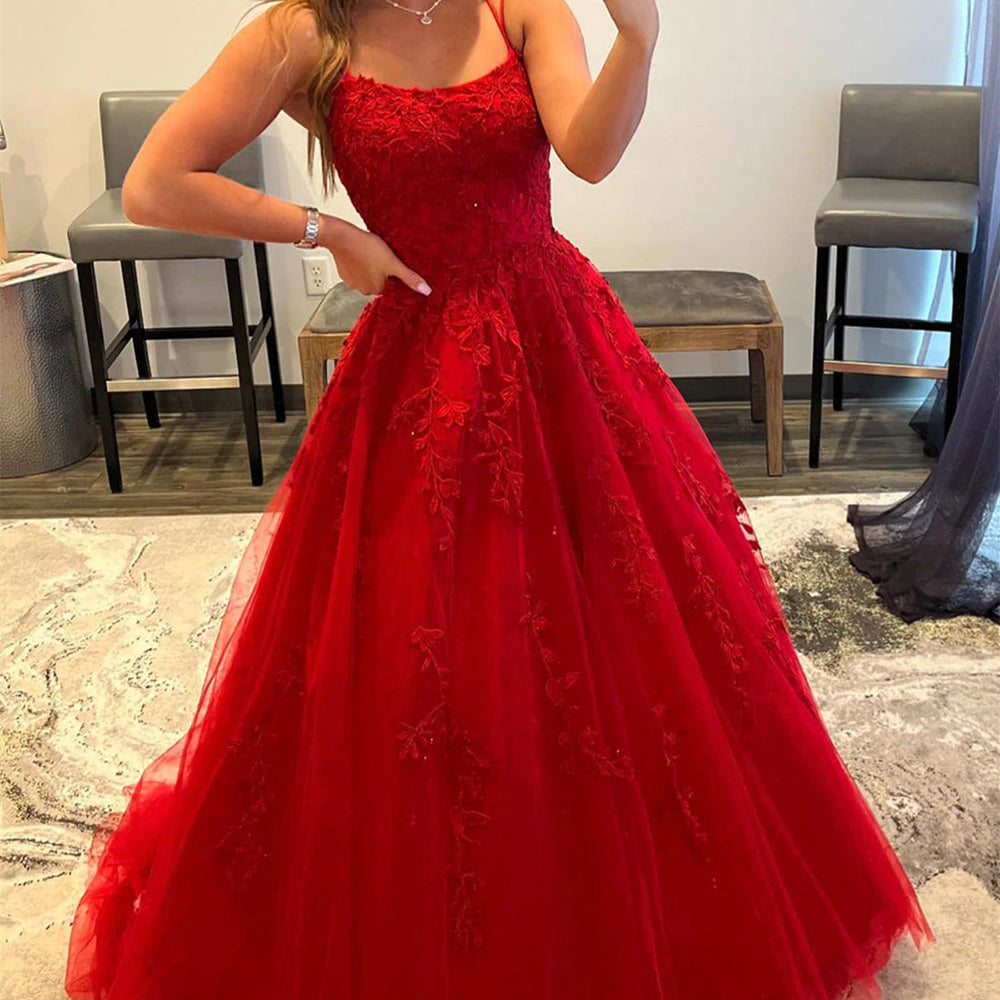 
                      
                        Backless Red Tulle Lace Long Prom Dresses, Red Lace Formal Evening Dresses, Red Ball Gown 
                      
                    