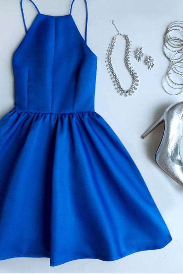 Backless Royal Blue Spaghetti Straps Short Homecoming Dress