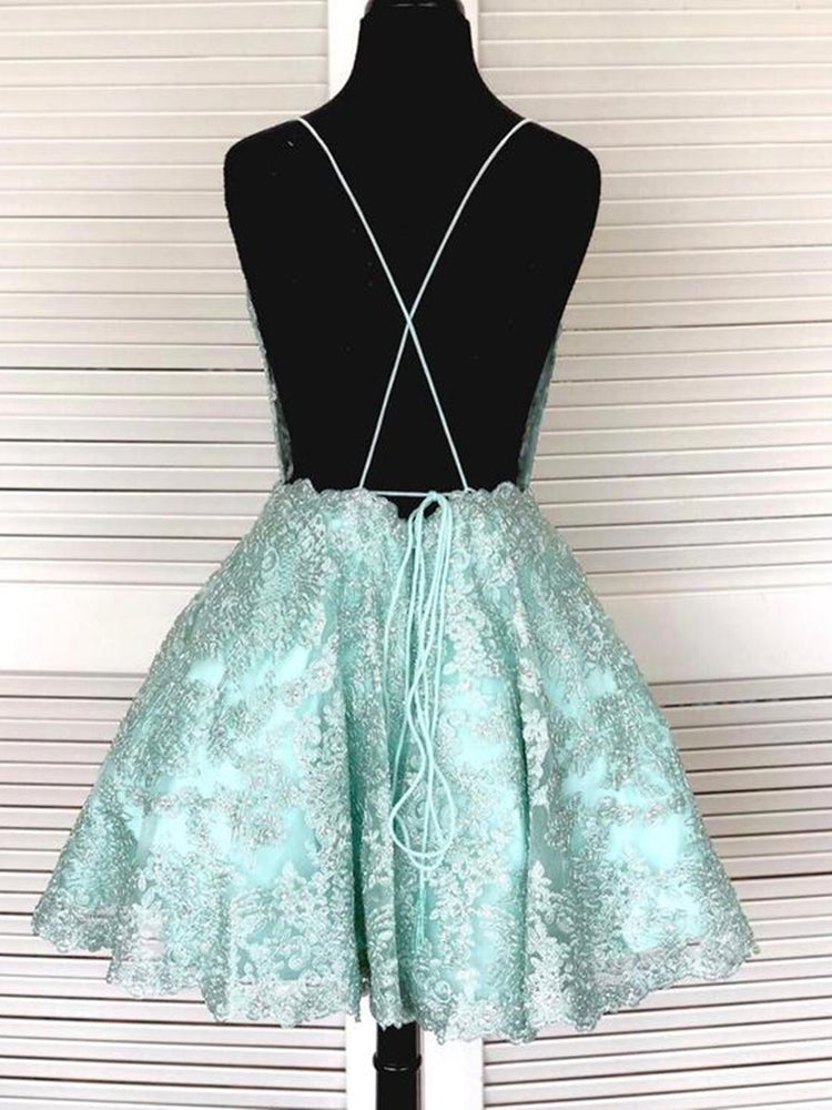 
                      
                        Backless Short Mint Green Lace Prom Dresses with Straps, Mint Green Lace Formal Graduation Homecoming Dresses
                      
                    