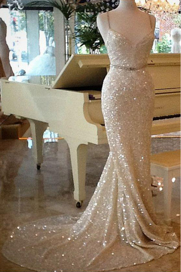 Backless Straps Champagne Sequins Prom Dress