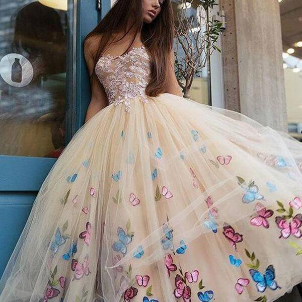 
                      
                        Ball Gown Champagne Short Homecoming Dress Strapless Butterfly Floral Party Dress
                      
                    