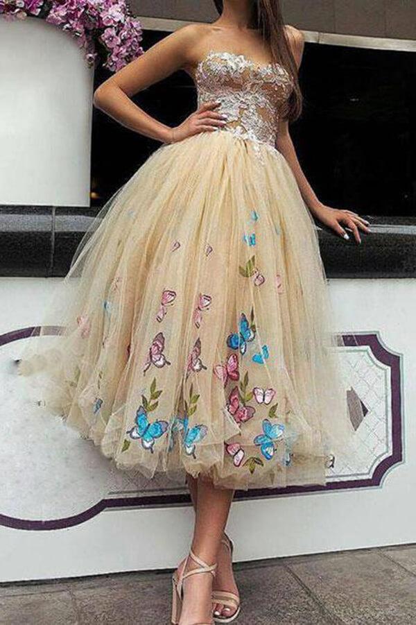 Ball Gown Champagne Short Homecoming Dress Strapless Butterfly Floral Party Dress