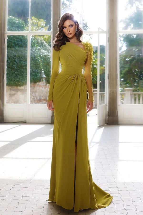 Elegant Long Sleeve Yellow Prom Dress with Asymmetric Pleated Slit