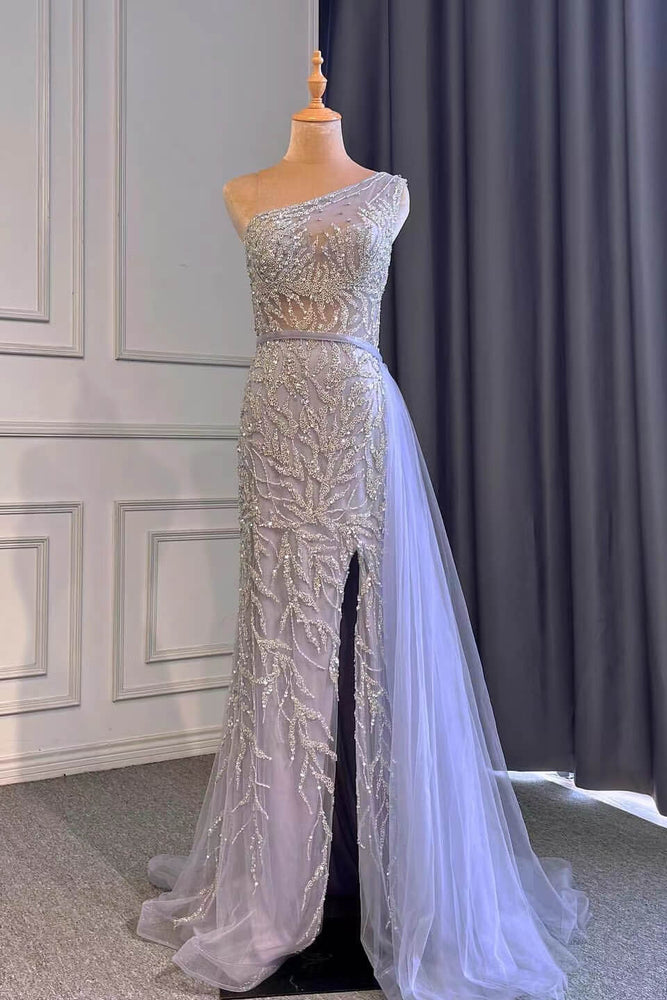 
                      
                        Light Purple Front Split One-Shoulder Beaded Mermaid Prom Dress with Long Ruffles
                      
                    