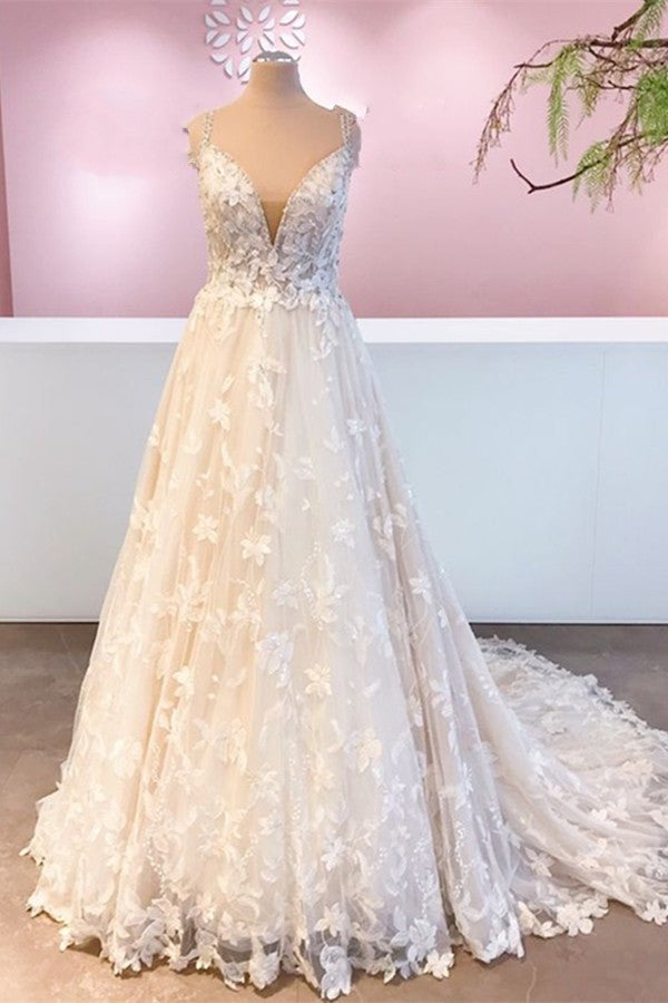 A-Line Sweetheart Floor-Length Wedding Dress with Lace and Tulle Appliques