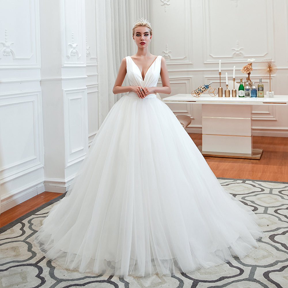 Wide Strap Deep V-Neck Floor-Length A-Line Wedding Dress with Tulle