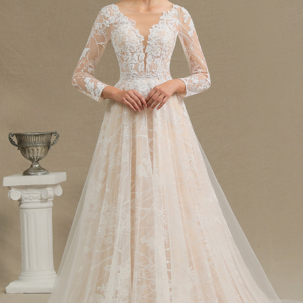 
                      
                        Sheer Long Sleeve A-Line Illusion Tulle Wedding Dress with Lace
                      
                    