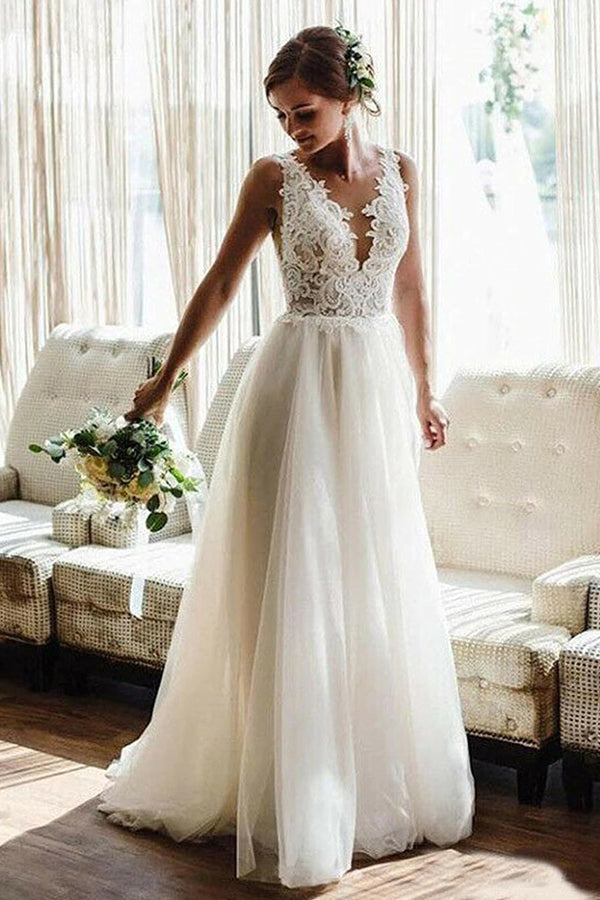 Strappy V-Neck A-Line Sleeveless Backless Wedding Dress with Lace Appliques