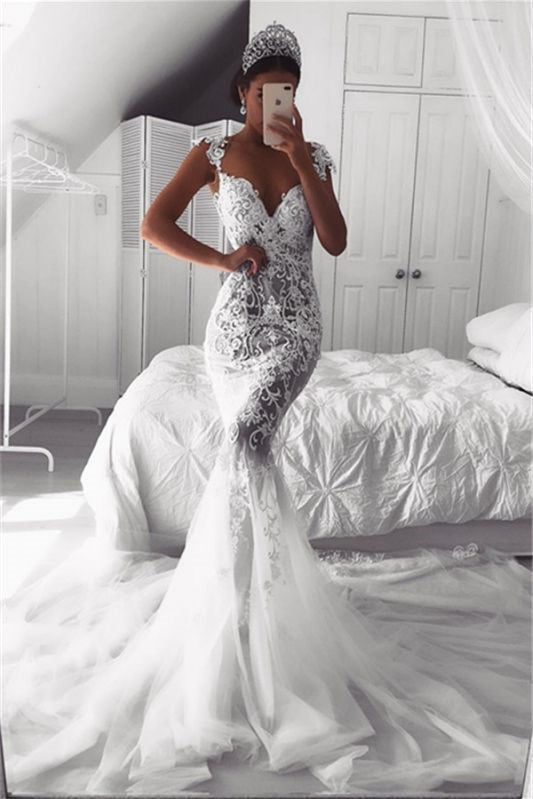 Elegant Cap Sleeve Mermaid Wedding Dress with Lace Appliques and Zipper Back