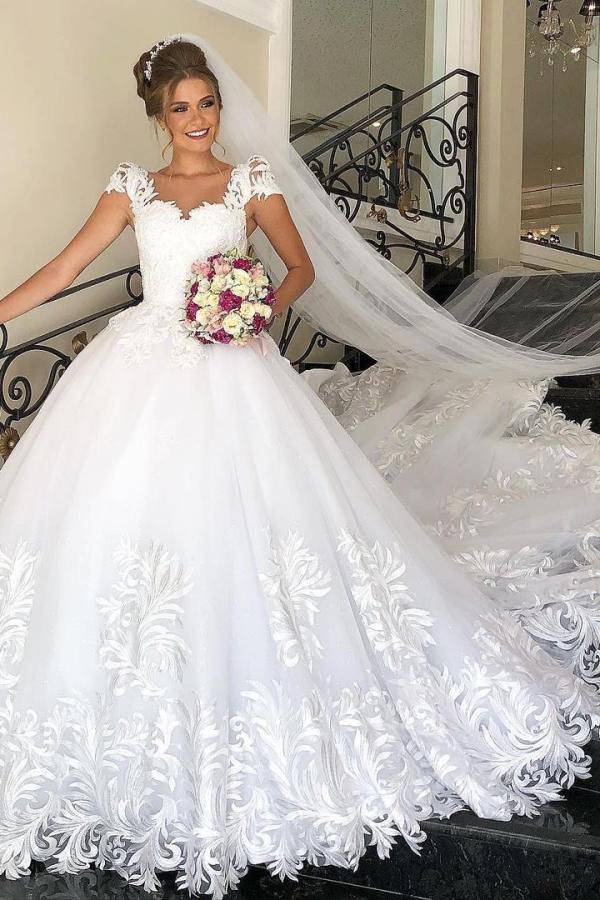 Elegant Long Cap Sleeve Princess Wedding Dress with Tulle Lace