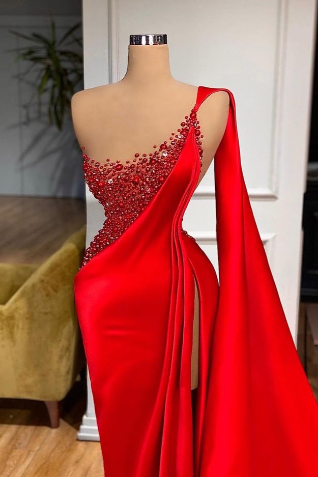 
                      
                        Red Ruffled Mermaid Prom Dress with Beading Split
                      
                    