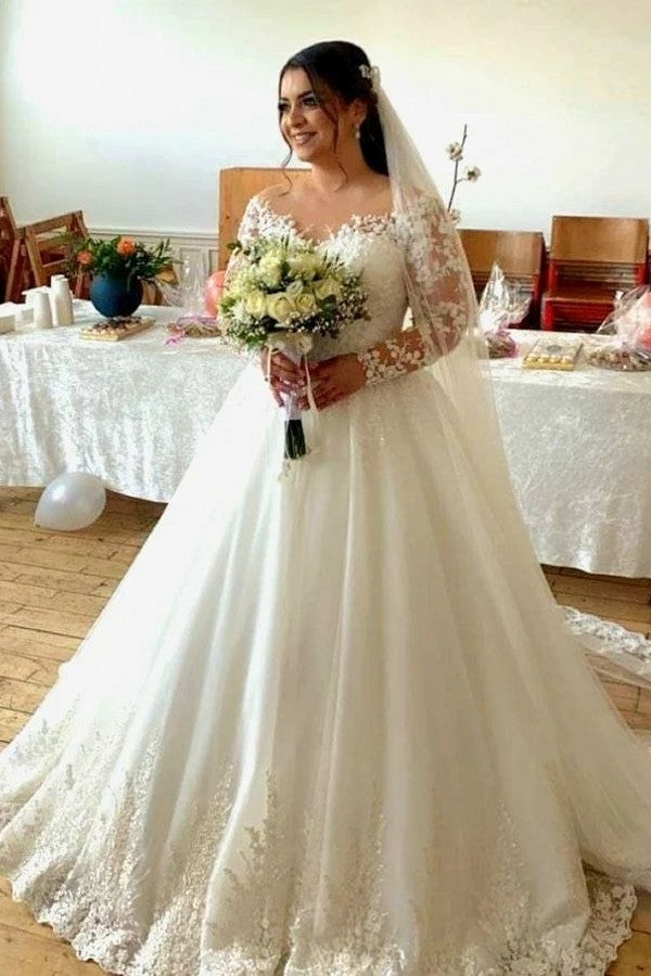 Glamorous A-line Floral Wedding Dress V-Neck Long With Lace