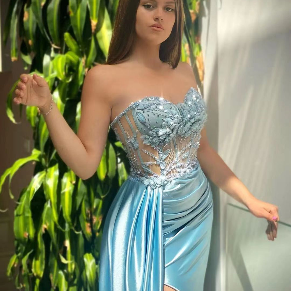 
                      
                        Sweetheart Sleeveless Beads Mermaid Evening Dress in Sky Blue Satin Ruffle With Slit
                      
                    