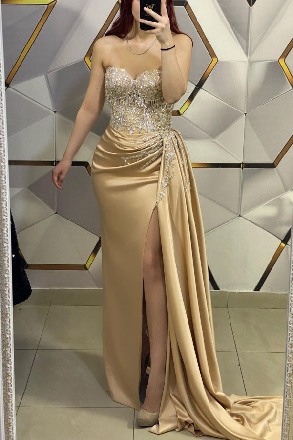 Gold Sleeveless Prom Dress with V-Neck, Sequin Appliques