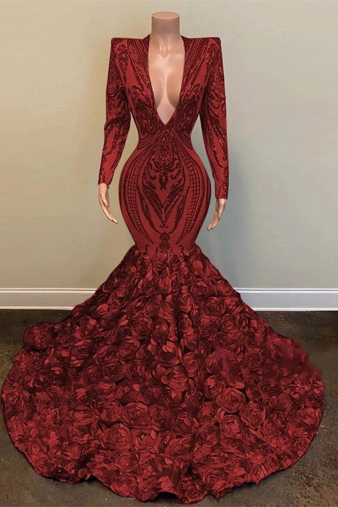 Wine Red V-Neck Long Sleeve Sequined Lace Mermaid Prom Dress with Floral Bottom