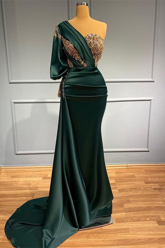 Dark Green One-Shoulder Beaded Mermaid Prom Dress with Appliques