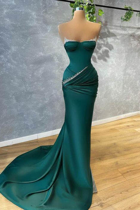 Dark Green Strapless Mermaid Prom Dress with Beads